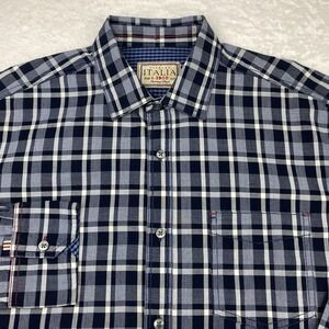 Vintage Italia c. 1958 Shirt Men's L‎ Blue White Checks Dress Shirts Flip Cuffs